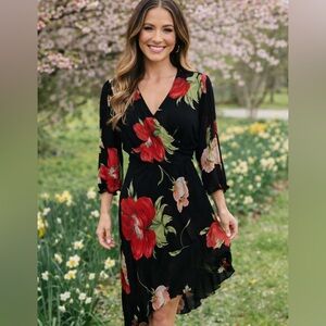 Dark Romantic Midi Dress Sz 10 Black Floral Y2K Whimsigoth‎ Vtg